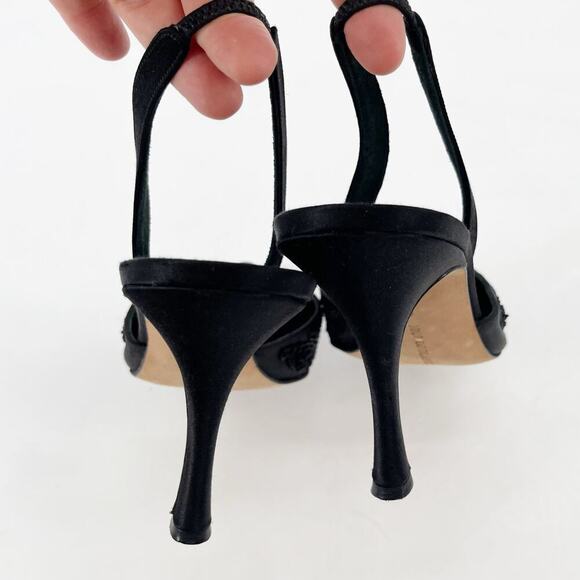 Manolo Blahnik Retro Black Satin Ornate Beaded Pointed Toe Slingback Heel IT 40 - Picture 9 of 13